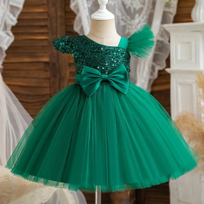 Baby Girls 1st Birthday Party Dress Princess Sequins Green Dress Gala Gown Flower Fluffy Dress