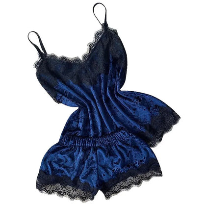 Women Pajama Suit Fashion V-Neck Stretch Satin Babydoll Lace Sexy Lingerie Bowknot Pyjamas Sleep Shorts 2 Piece Set Sleepwear