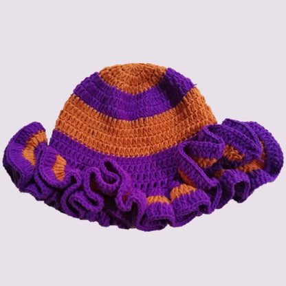 Handmade Crochet Knitted Hats Women Girl Crochet Scallop Ruffle Edge Knit Bucket Caps Adult Trendy Rainbow Striped Beach Sun Hat