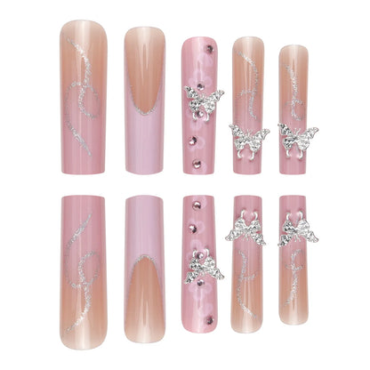 24 Pieces of Ultra Long Coffin Shaped French&gradient&flower Pattern 3D Butterfly Dot Diamond Glossy False Nails