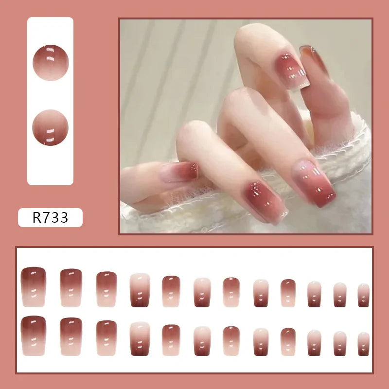 Vintage Camellia Wearable Pink Press on Fake Nails Tips with Glue False Nails Design Butterfly Lovely Girl False Nails