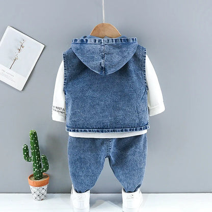 Baby boy clothes spring autumn fashion ripped denim suit letter denim jacket hooded vest + bottoming shirt + pants 3-piece set