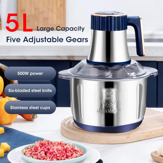 5L Electric Meat Grinder Large Capacity Stainless Steel Mixer Kitchen Vegetable and Meat Grinder Multifunctional Household Mixer