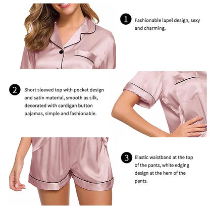 Women's Pajamas Set Satin Sleepwear Button down Tops and Shorts Solid 2 Piece Suit Pyjama Ladies Nightwear Loungewear for Summer