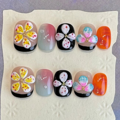 10pcs Handmade Press On Nails Black Pink French Style False Nails With Hand Painted 3D Flower Designs Short T Summer Nails Tips