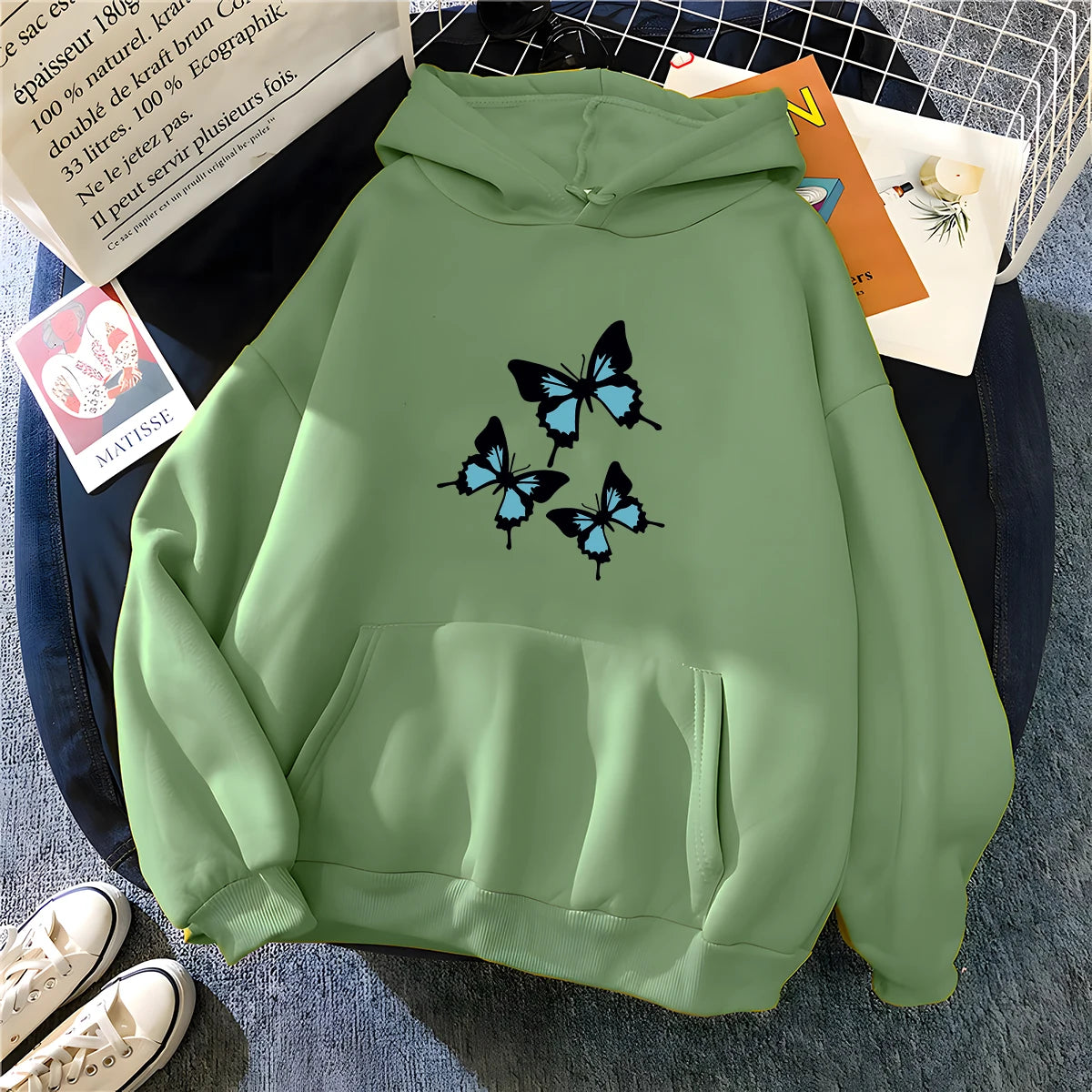 Hirsionsan Butterflies Graphic Print Hoodies Women Chic Long Sleeve