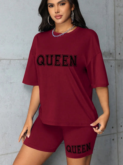 Plus size fashionable all-match shorts short-sleeved suit queen letter print simple and comfortable two-piece suit 2024 New