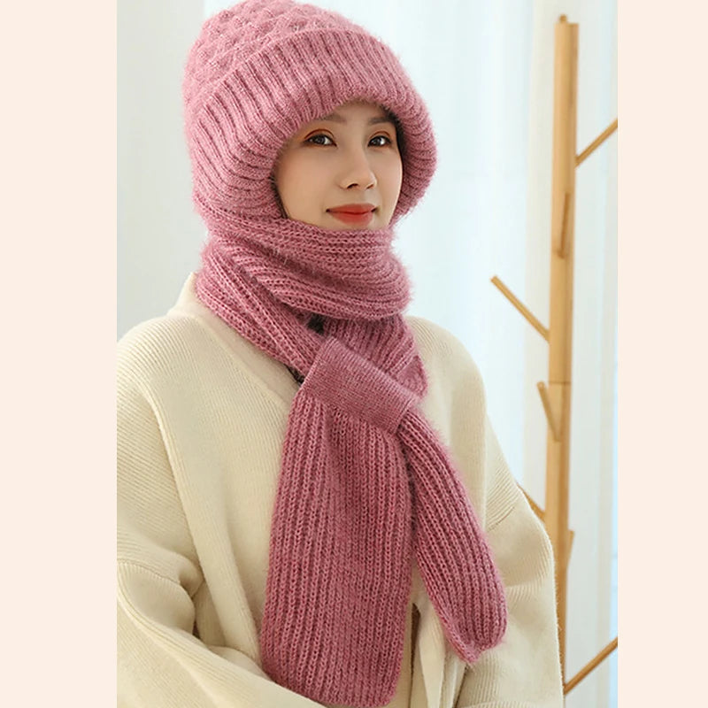 Velvet Thickened Plush Hats And Scarf All In One Knitted Women's Winter Double Layer Warm Wool Hooded Ear Protection Beanie Cap