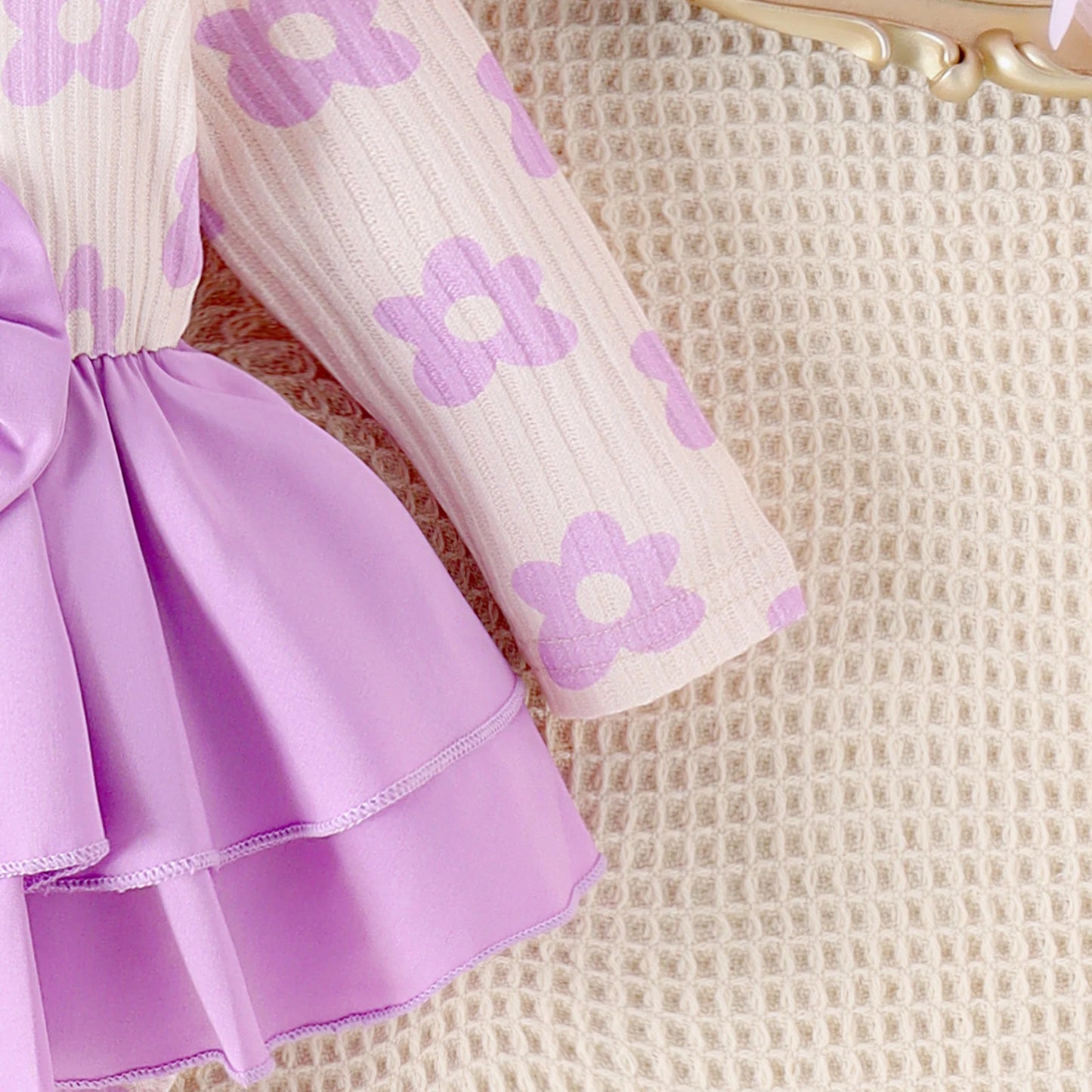 2PCS Autumn New Style 0-1 Year Old Girl Baby Sweet And Cute Round Collar Printed Long-Sleeved Dress + Hair Band