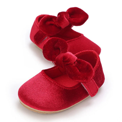 Newborn Baby Shoes Baby Girl Shoes Girl Classic Red Bowknot Rubber Sole Anti-slip PU Dress Shoes First Walker Toddler Crib Shoes