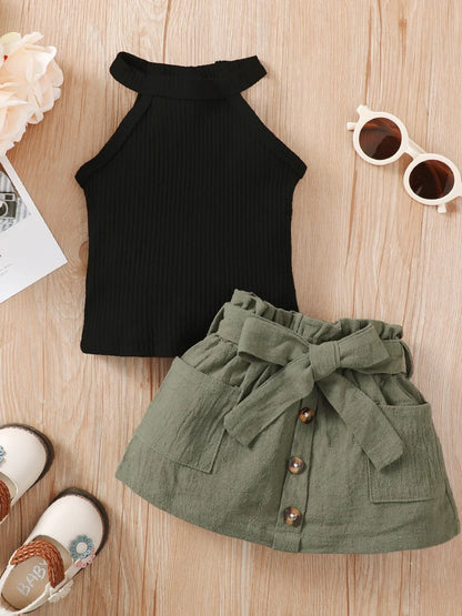 2PC Girls' Sleeveless Off the Shoulder Top Lace Up Bow ButtoShort Skirt Summer Party Fashion Set Suitable for Girls Aged 0-2 Yea