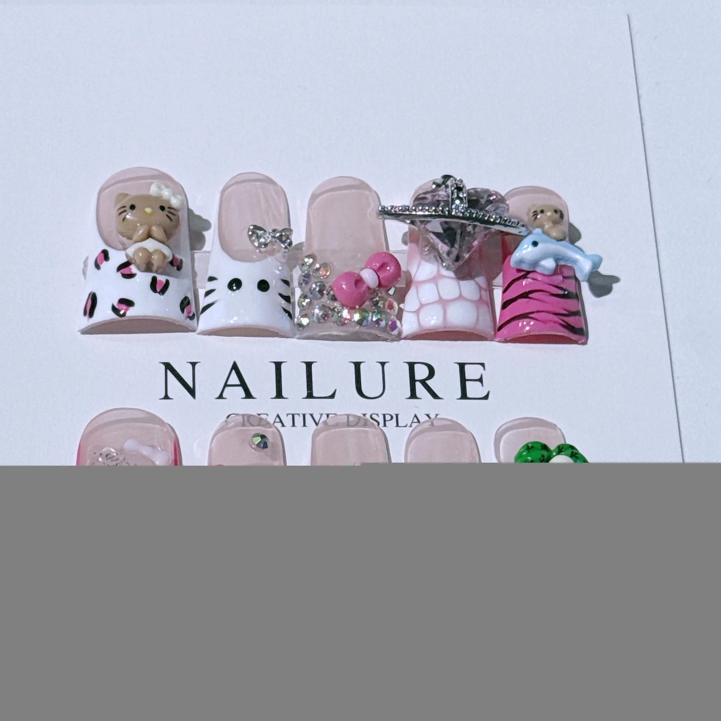 10pcs Handmade Nail Tips French 3D Hello Kitty Charm Decor Fake Nails Mid-length Duck Press on Nail Korean Sweet Lady Fake Nails