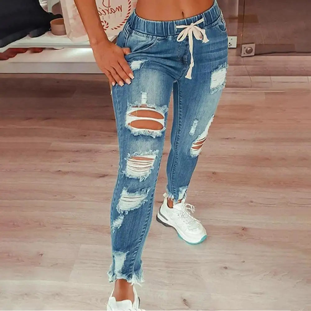 Stretchy Ripped Hole Jeans Women 2025 Straight Denim Trousers Female High Waist