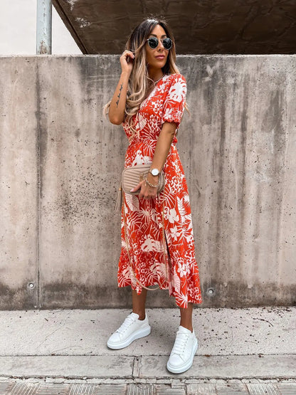 Summer Floral Print Dress Women V Neck Side Slit Long Dress Elegant Short Sleeve Button Slim Spring Female Party Dress Vestidos