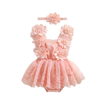 Pudcoco Infant Newborn Baby Girl Summer Outfit, Flower Embroidery Tie-Up Mesh Romper Dress Bow Headband 2 Piece Set 0-24M