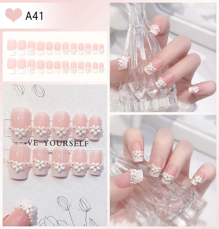 24pcs Full Rhinestones Bridal Press-on Nail Long Lasting Full Coverage Pearl Shiny Artificial Fake Nail For Manicure Decoration