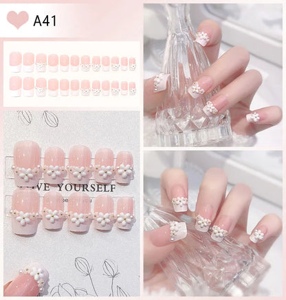 24pcs Full Rhinestones Bridal Press-on Nail Long Lasting Full Coverage Pearl Shiny Artificial Fake Nail For Manicure Decoration