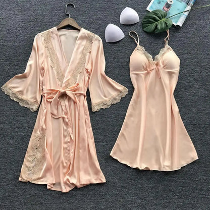 2 Pcs/Set Women Pajama Set Lace Patchwork Bow Decor Solid Color Loose Silky Lace-up Tight Waist Loose Long Sleeve Nightgown Slee