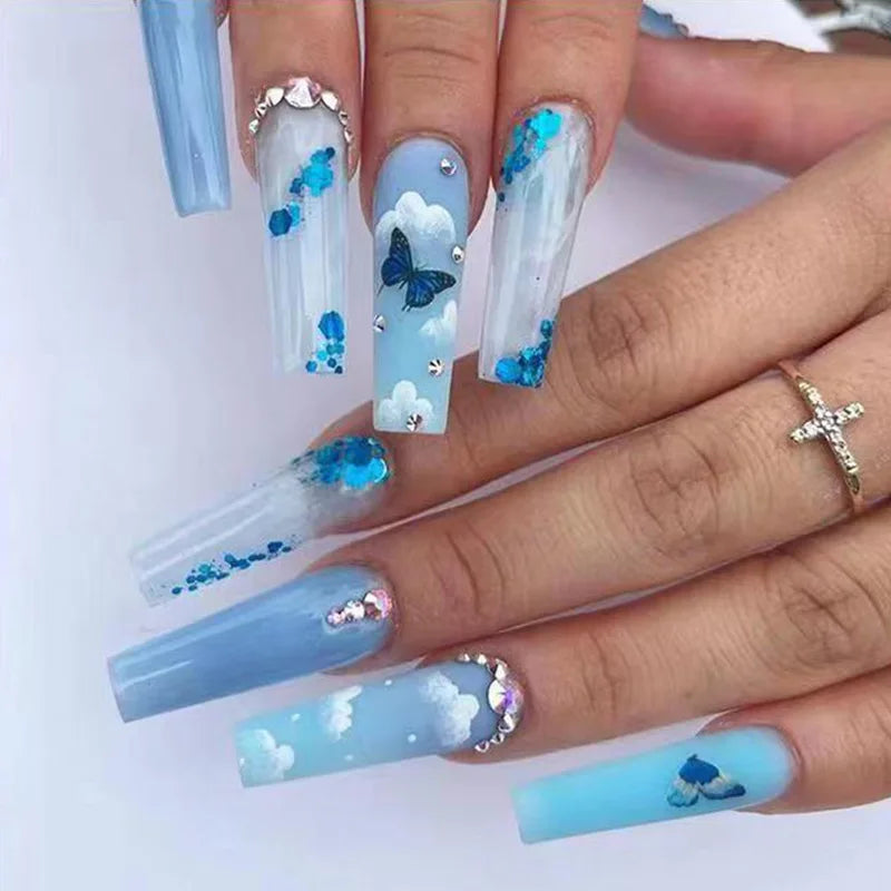 24Ps Super Long Ballet Wearable Fake Nails Blue Diamond Small Flower Press on Nail Stickers Finished Removable False Nail Pieces