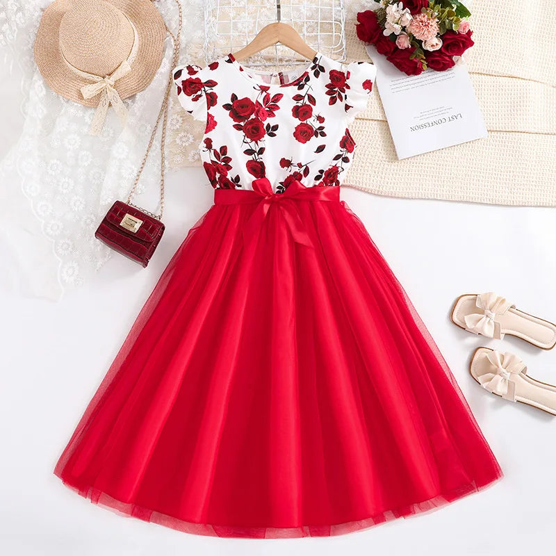 Girls Summer Clothes Casual Style Clothes Ruffles Printed Flower Bowknot Birthday Party Pageant Dress Casual Vacation Stylish