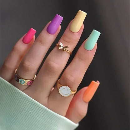 24Pcs wearable False Nails Long Coffin Press on Nails with Rhinestone colorful Flower Design Ballet artificial Fake Nails tips