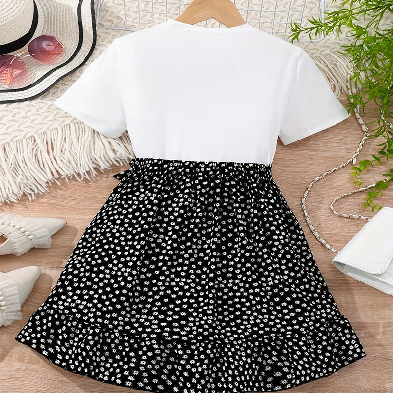 Two Piece Summer Girl Cute Round Neck Printed Short Sleeved Floral Skirt Princess Daily Casual Birthday Party Costume Set