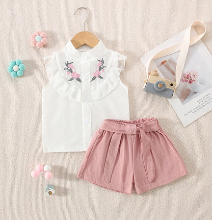 (0-3 Years Old) Summer Baby Girl Cotton Flower Embroidery Sleeveless Top And Shorts Two-Piece Set Of Cute Girl Shirt Top And Sho