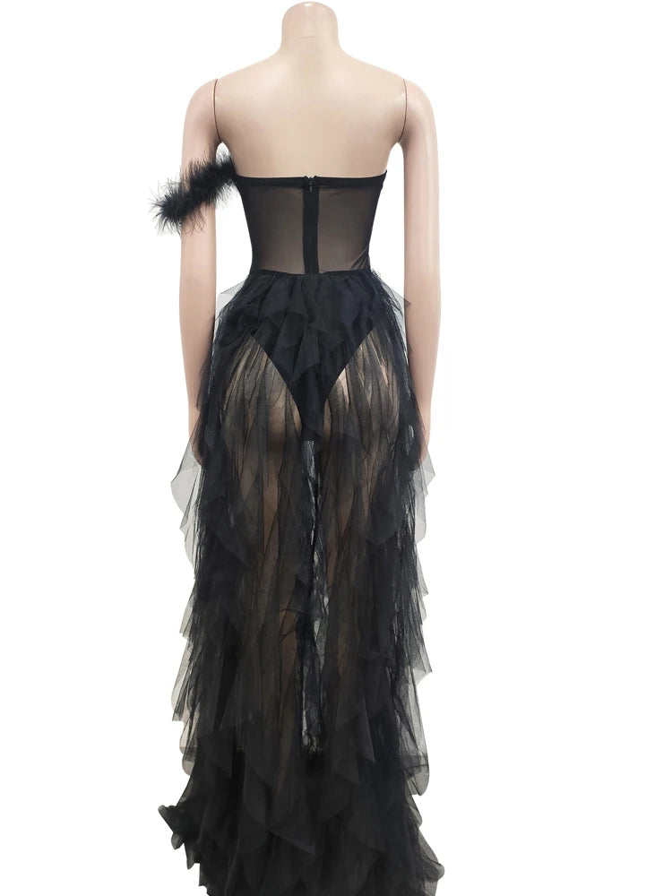 Ruffles Chffion Party Feather Maxi Dress Elegant Sheer Mesh Corset Long Party Dress