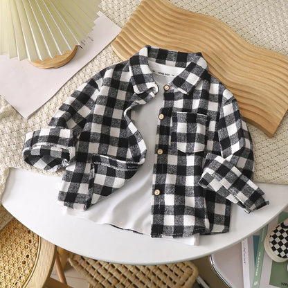 2-9Y Kids Boys Girls Spring Fall Vintage Plaid Shirt Cotton Clothing Long Sleeve Lapel Single Breasted Cardigan Base T-shirt