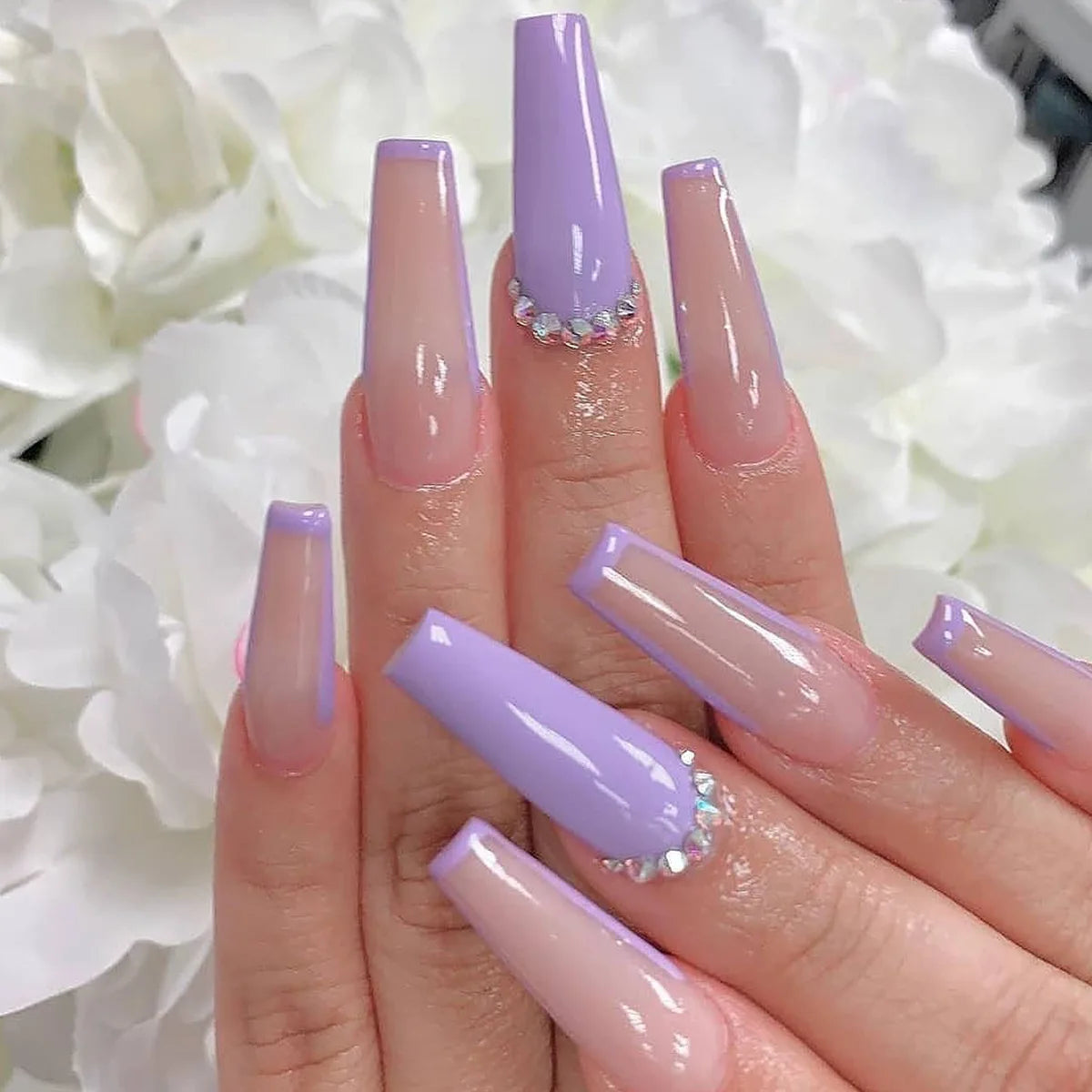 24Ps Super Long Ballet Wearable Fake Nails Blue Diamond Small Flower Press on Nail Stickers Finished Removable False Nail Pieces