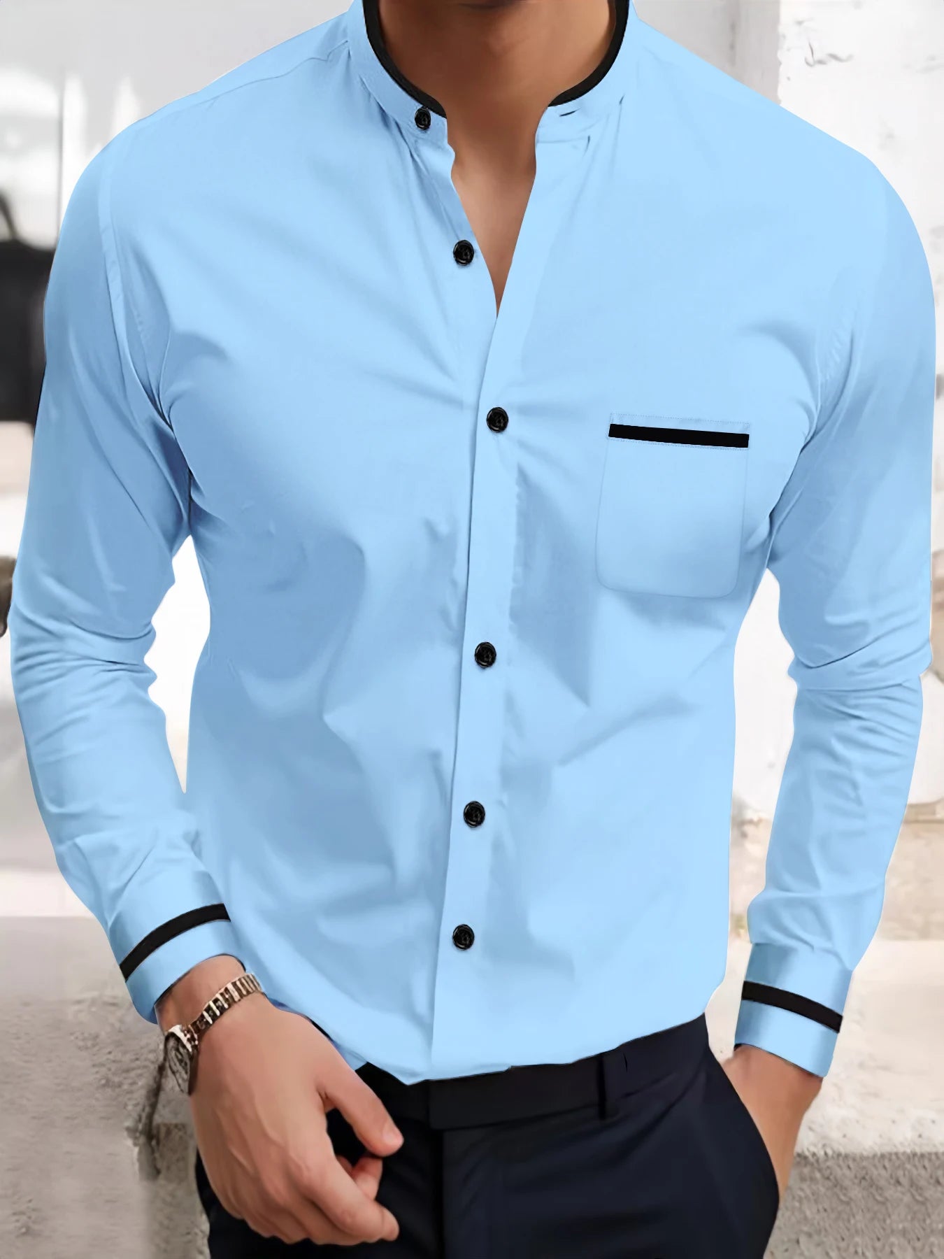 Men's casual shirt new comfortable cotton and linen single-breasted stand-up collar fashion pocket street loose long-sleeved top