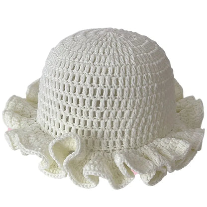 Handmade Crochet Knitted Hats Women Girl Crochet Scallop Ruffle Edge Knit Bucket Caps Adult Trendy Rainbow Striped Beach Sun Hat
