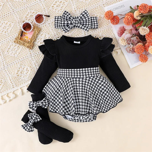 Long Sleeve Houndstooth Romper Dress with Headband and Long Socks