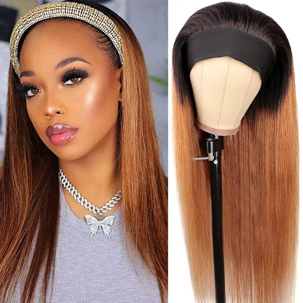 1B30 Ombre Headband Bone Straight Human Hair Wig None Lace Full Machine Made Wigs For Women 150% Density Long Layered Remy Hair