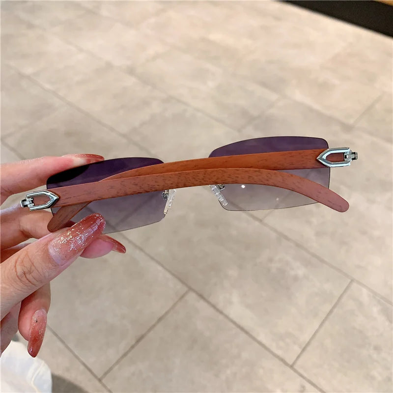 Rimless Wooden Pattern Sunglasses