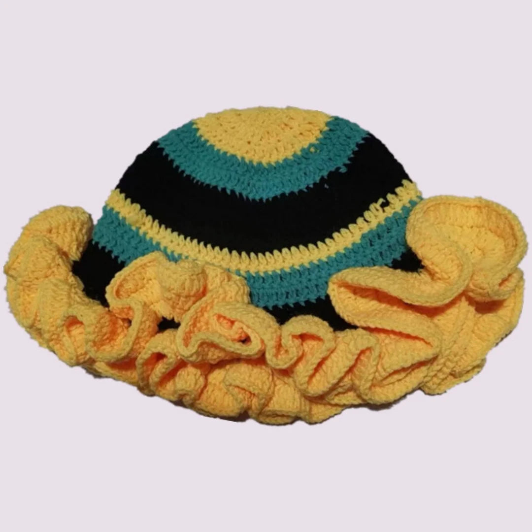 Handmade Crochet Knitted Hats Women Girl Crochet Scallop Ruffle Edge Knit Bucket Caps Adult Trendy Rainbow Striped Beach Sun Hat