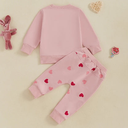 Baby Girls 2-piece Outfit, Long Sleeve Embroidery Letters Hoodie with Heart Print Sweatpants Valentines Day Clothes