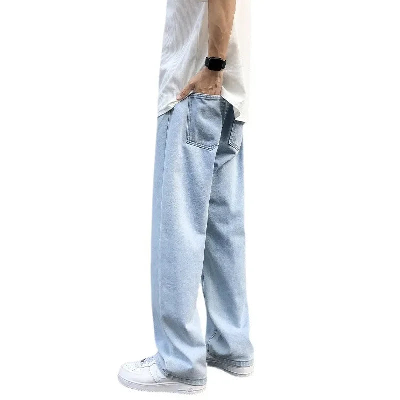 Casual Straight-Leg Jeans Men's Spring New Loose-Fit Elastic Waist American Style Wide-Leg Trousers New Arrival High Street Fash