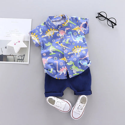 2PCS baby and toddler summer full print cartoon machine dinosaur pattern standing collar shirt short sleeved shorts set