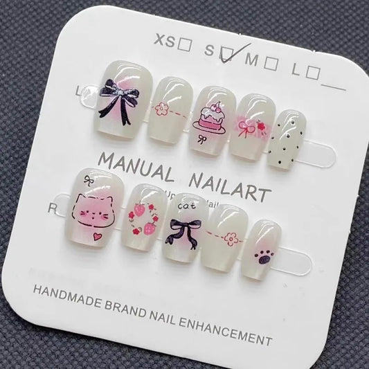 10Pcs Korean Press on Nails Strawberry Cake Summer Short  White Fake Nails Tips Cute  Artificial Manicure Arts for Girls