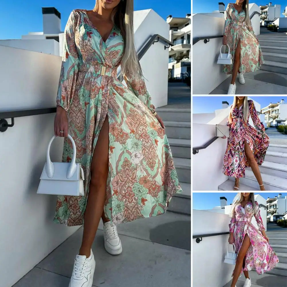 Sexy V Neck Slit Midi Dress Woman