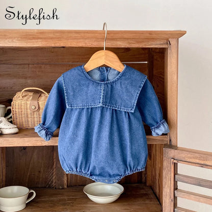 Autumn new 0-3 year old baby clothes girl baby jeans sisters clothes fashionable cute wear large lapel romper