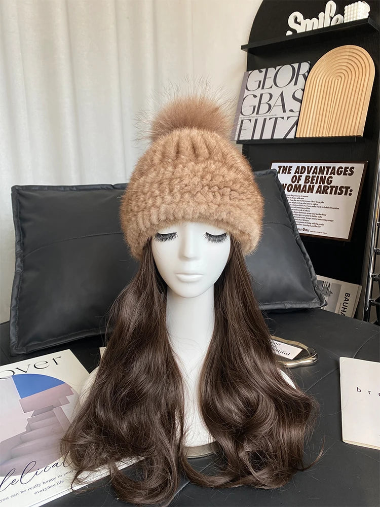 New Women Winter Natural Mink Fur Hats Knitted Real Mink Fox Fur Ball Caps Female Russian Warm Beanies Hat Fur Hat