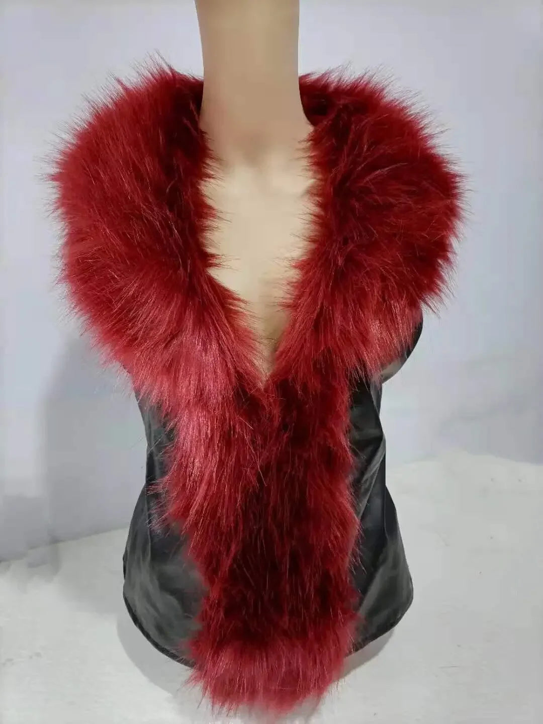 Women Leather Jacket Fur Collar Stitching Simulation Leather