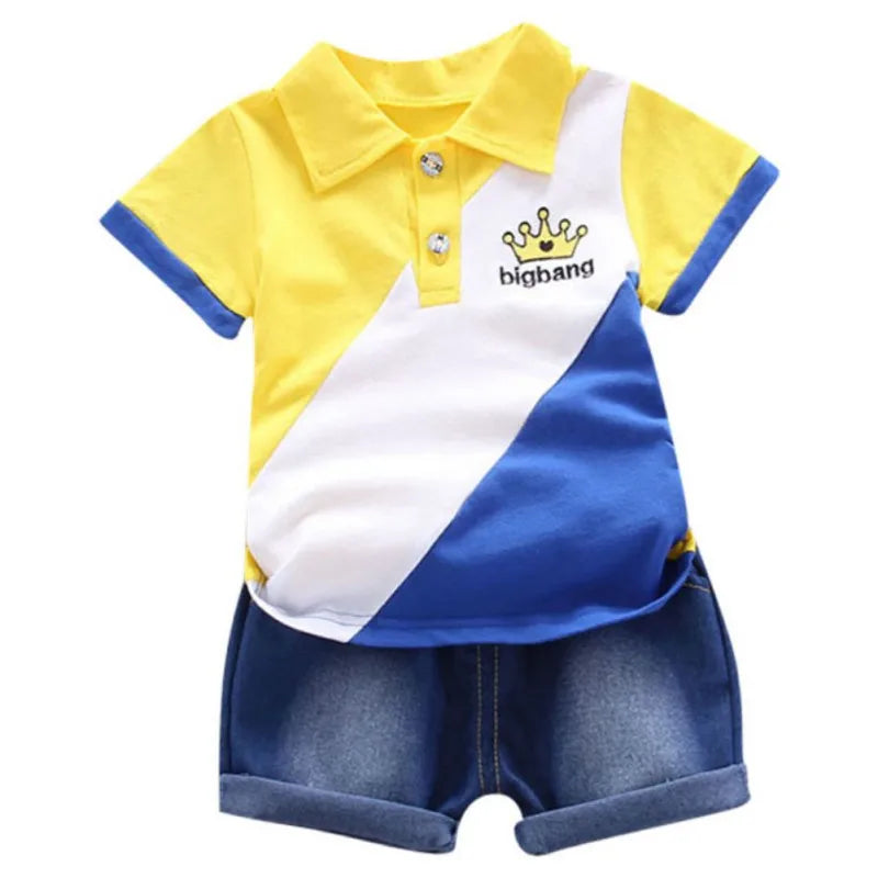 Boys Summer Shorts Set Lapel Patchwork Crown Short Sleeve Denim Shorts Two-Piece Set 0-6 Years Old Boys Children's Sets