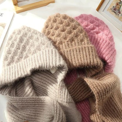 Velvet Thickened Plush Hats And Scarf All In One Knitted Women's Winter Double Layer Warm Wool Hooded Ear Protection Beanie Cap