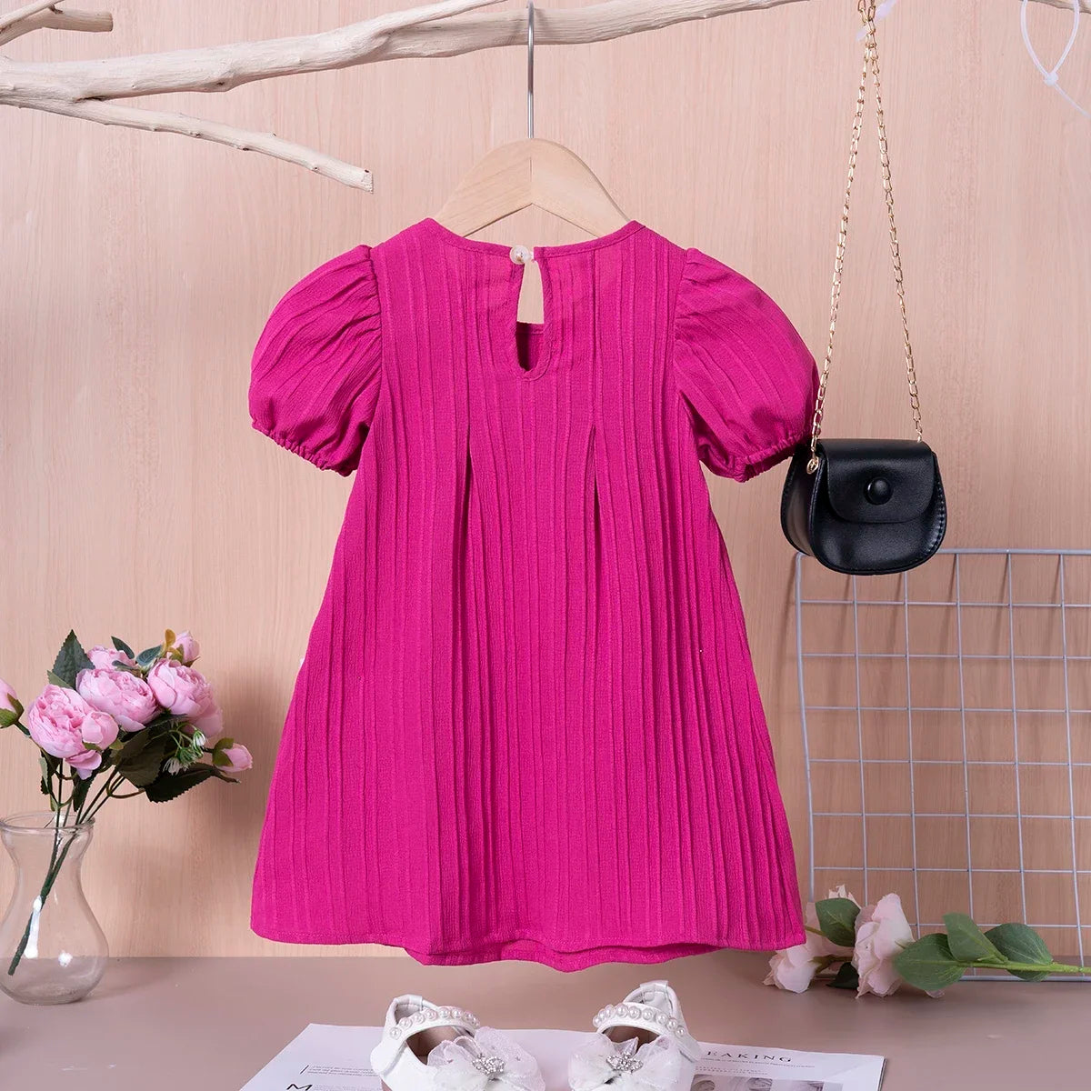 New Girl Dress Solid Color Bubble Sleeve Dress Cute Bow Party Dress Daily Casual Summer Clothing