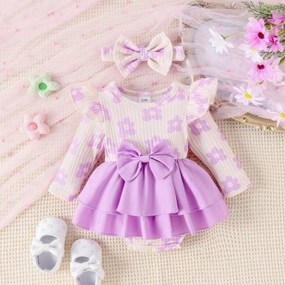 2PCS Autumn New Style 0-1 Year Old Girl Baby Sweet And Cute Round Collar Printed Long-Sleeved Dress + Hair Band