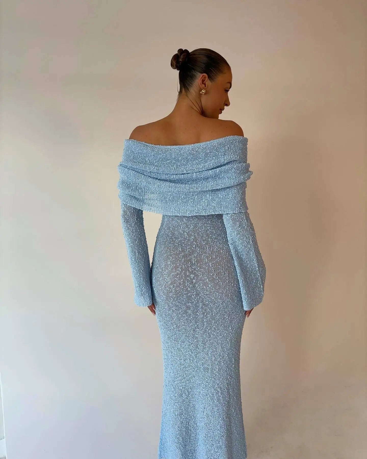 DSMTRC Female Cover up Loose Long Sleeve Holiday Beach Party Dress Women Knitwear Dress Knit Hollow Out Off-Shoulder Maxi Dress