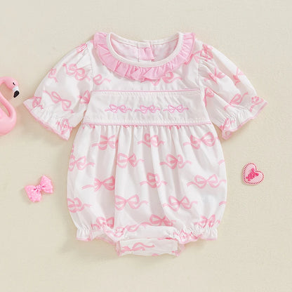 Newborn Baby Girl Romper Outfit Bow Embroidery Short Puff Sleeve Smocked Bubble Romper Doll Collar Bodysuit Jumpsuit Clothes